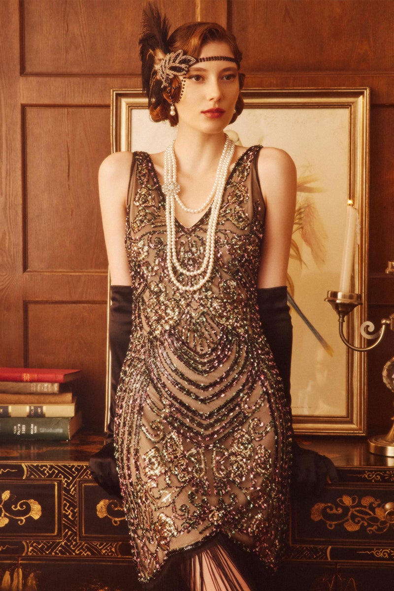 BABEYOND Flapper Dresses 1920s V Neck Beaded Fringed Great Gatsby Dress (Black Apricot, M) - Image 4